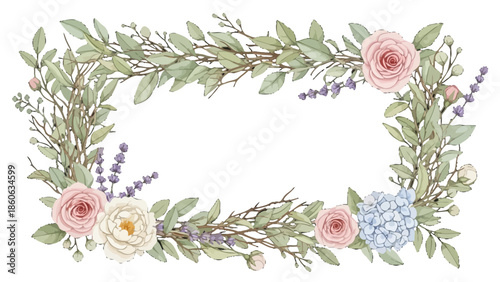 Soft Watercolor Floral Frame with Green Branches, Pink Roses, and Lavender on Isolated White Background
