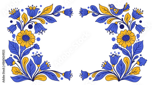 Vibrant Folk Art Floral Frame with Blue and Yellow Sunflowers, Bluebells, and Bluebirds, isolated white background.