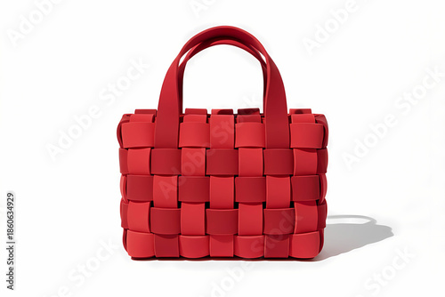 Front view of a crimson woven bag with thick interlocking straps and two top handles. Minimal studio lighting with soft shadows.
