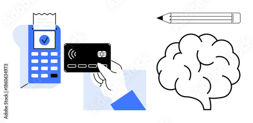 Digital payments, financial transactions, technology, creativity, problem-solving, cognitive processes. A payment terminal, credit card pencil and brain design. Digital payments and financial