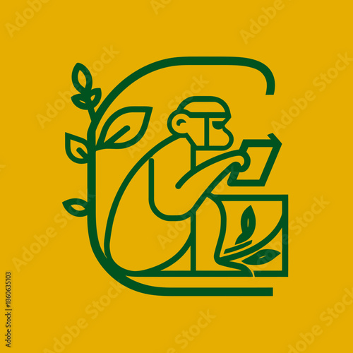 Stylized illustration of monkey reading book with leafy vine element