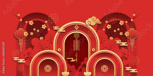 Festive Lunar New Year Illustration: A vibrant illustration showcasing traditional elements and decorations. The central focus is an elegant archway design, adorned with lanterns, fireworks.