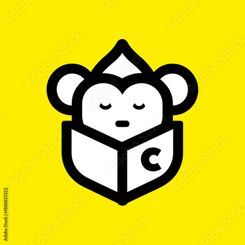 Cartoon monkey character reading book illustration on yellow background
