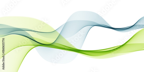 Abstract green waves vector illustration featuring digital light curves and smoke patterns on a modern business backdrop design with motion lines and blue color elements for a web banner wallpaper
