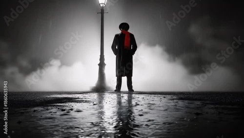 Cinematic Scene of Man in Trench Coat with Red Scarf in Rainy Night Setting Near Lamppost