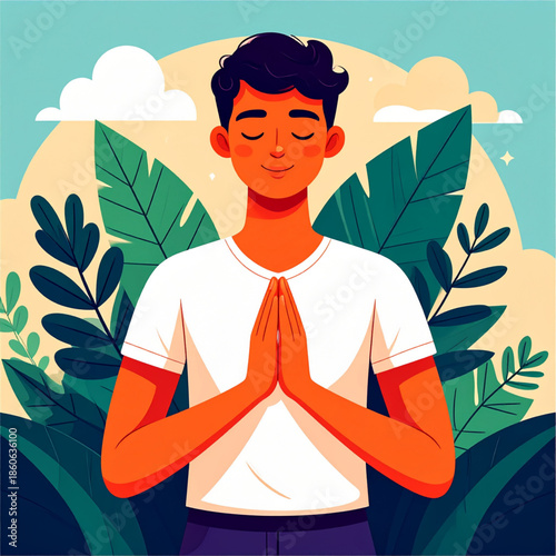 Vector illustration of a fitness woman in a lotus position pose practicing yoga and meditation on the beach or in the park for health, relaxation, and zen beauty
