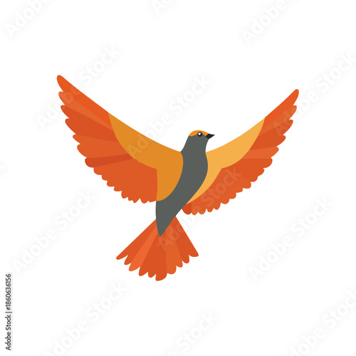 Flying Orange Bird Icon, Flat Design, Isolated on White, Simple Style