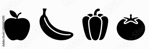 Flat design fruit and vegetable silhouettes, clean vector illustration featuring various produce, ideal for healthy eating concepts, organic food branding, grocery designs, menus, infographics, and nu