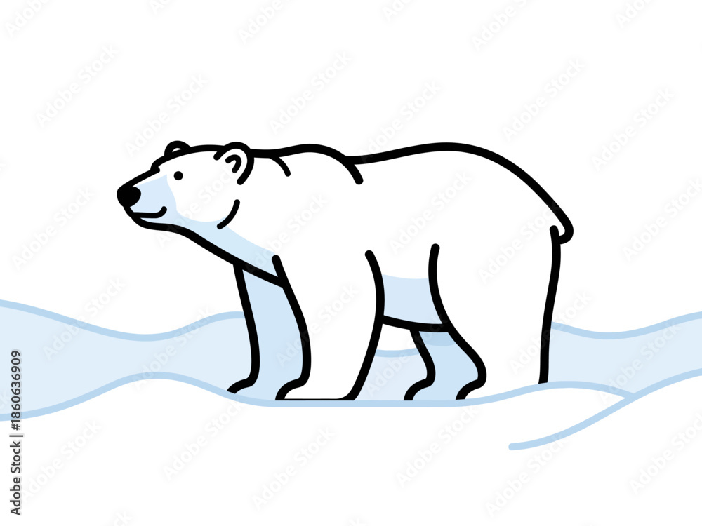 Fototapeta premium Cartoon polar bear standing in light blue snow waves