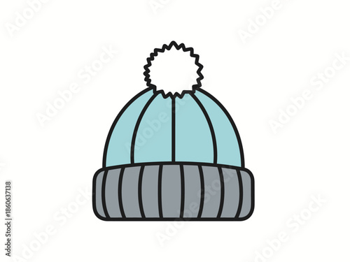 Illustration of a light blue knit winter hat with a gray folded brim and white pompom