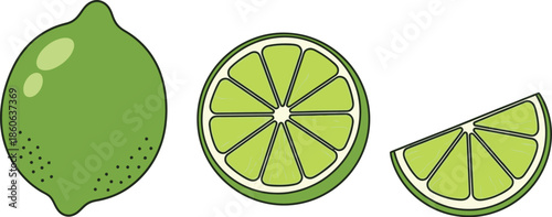 Illustrative lime fruit set including whole half and slice on transparent background