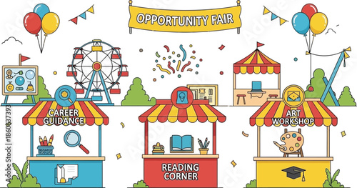 Colorful carnival fair illustration with attractions and booths on transparent background