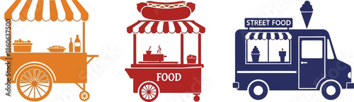 Four colorful street food carts and truck illustrations on transparent background