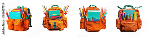 Four vibrant orange school backpacks filled with colorful stationery items displayed from various angles on transparent background