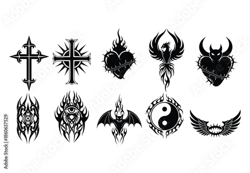 Set of tattoo designs including crosses, hearts, wings, and bats