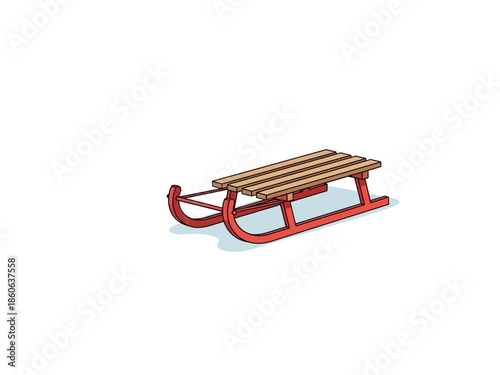 Red wooden sled with light brown slats on a white background