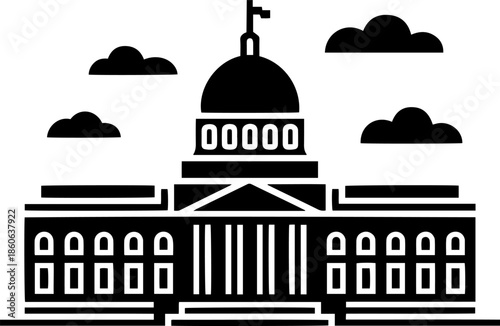 Government building featuring a large central dome and numerous columns stands beneath scattered clouds, representing civic authority and national institutions.