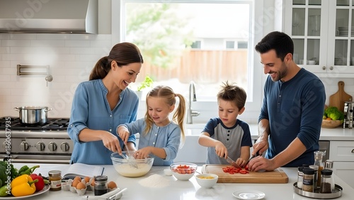 Family cooking together in a bright kitchen