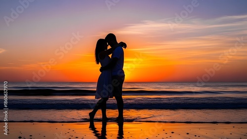 Couple embracing on a beach during a vibrant sunset