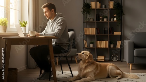 A man working on his laptop with his dog beside him