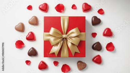 A red gift box surrounded by heart chocolates and rose petals for a valentine's day celebration