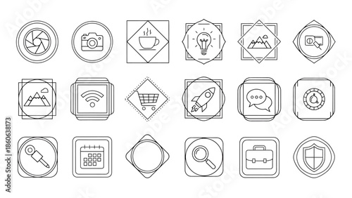 Set of Modern Line Art Icons Representing Business Technology and Lifestyle Concepts