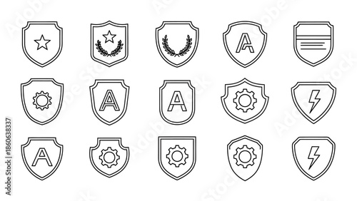 Collection of Shield Icons with Symbols for Security Protection and Achievements