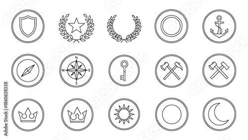 Set of Circular Emblem Icons Featuring Symbols of Protection Achievement Nature Navigation and Royalty