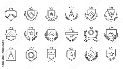 Collection of Emblematic Crests with Laurel Wreaths and Crown Icons