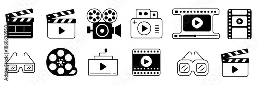 Cinema line and flat icons set, including camera, film, clapperboard, reel, and media player, clean vector illustration perfect for movie design, film projects, entertainment, and digital graphics.