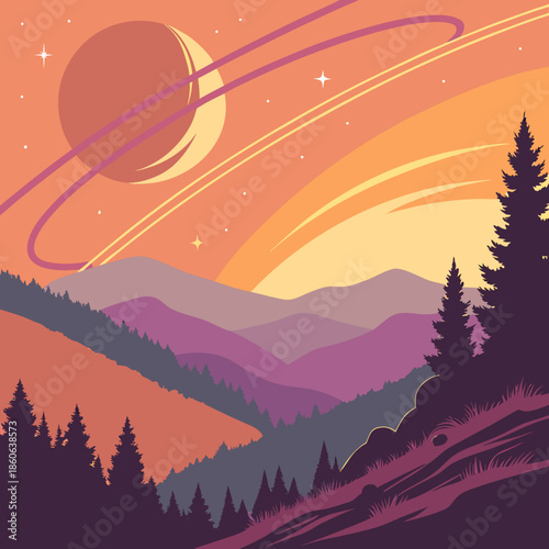 Mountain sunset with planet