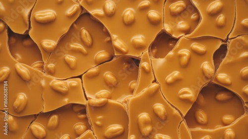 Macro texture of golden brown peanut brittle with whole roasted peanuts pieces