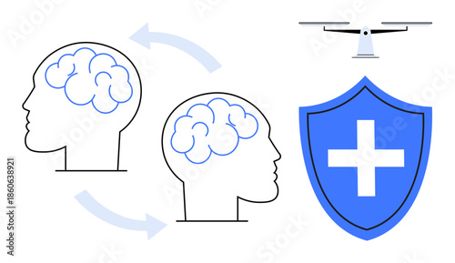 Cognitive transfer, security solutions, mind protection, medical safety, quadcopter technologies, healthcare innovation. Two brains linked by arrows, shield with cross Quadcopter above. Cognitive