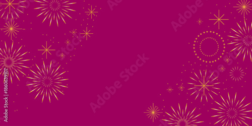 Vibrant magenta background with golden firework bursts and sparkling star elements for celebrations