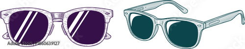 Two illustrated sunglasses one purple and one teal on black background Keywords: sunglasses, eyewear