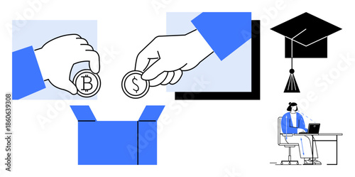 Education funding concept. Hands holding coins cryptocurrency and dollars contribute to a box. Education funding illustrated with digital and traditional assets. For fintech, education, investment