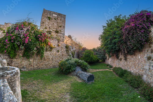 Park with flowers decorations at city walls fortifications. Liberty Gate, Rhodes old town, Greece
