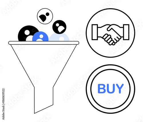 Sales funnel concept. Visual symbols sales conversion, customer decision-making, and user experience. Sales enhancing business growth and buyer interactions. For marketing, e-commerce, user