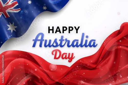 Happy Australia Day Festive Greeting Card with Waving Australian Flag and Sparkles on White Background