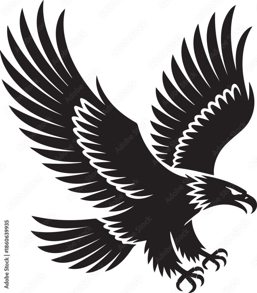 Obraz premium Black eagle tattoo vector illustration with spread wings in bold tribal silhouette style flying symbol design