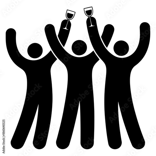Black silhouette people celebrating together raising arms and wine glasses in simple flat icon style illustration