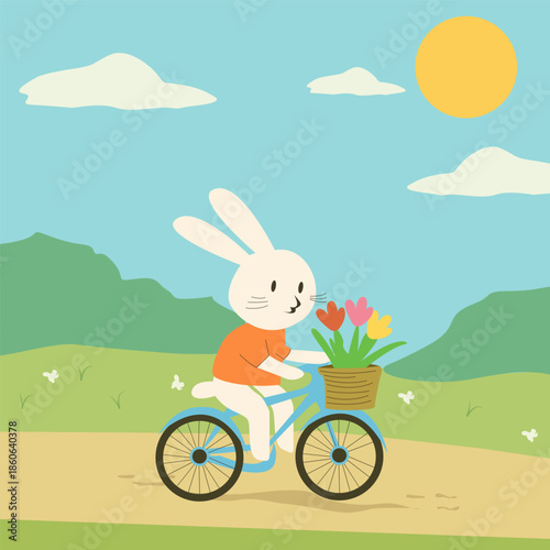 A white bunny rides a blue bike through grassy hills under a sunny sky. Wearing an orange shirt, it carries tulips in a basket. Butterflies flutter nearby, evoking springtime joy and freedom.