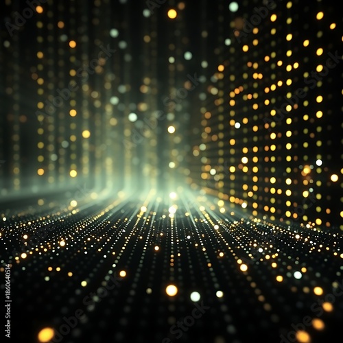 Wallpaper Mural Abstract Glowing Golden Particle Waves with Bokeh Lights on Dark Background – Futuristic Digital Technology Flow Concept Torontodigital.ca