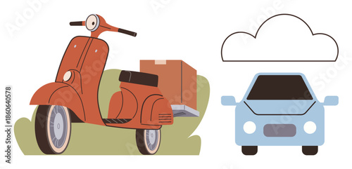 Red scooter carrying a box alongside a parked blue car under a cloud. Ideal for delivery, transportation, logistics, urban mobility, shipping, e-commerce, environmental themes. Simple flat metaphor