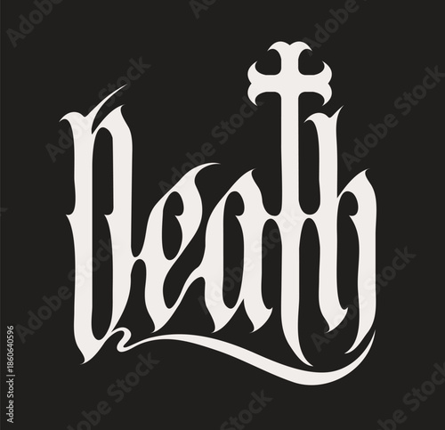 The word death written in Gothic font with an inverted cross in a medieval aesthetic. Conceptual art, tattoo, album cover, T-shirt design. No ai
