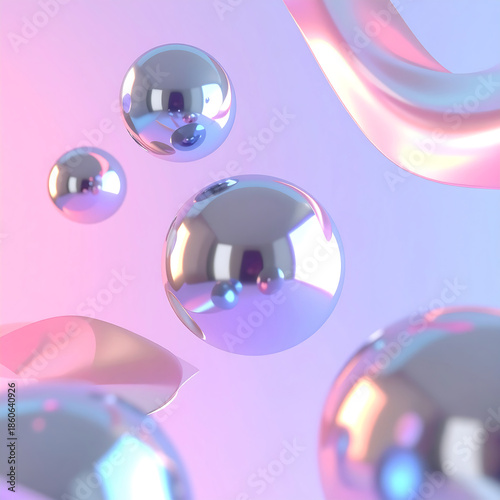 Futuristic 3D Abstract Background with Glossy Chrome Spheres and Iridescent Ribbons