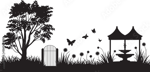 black silhouette of a garden scene with tree gate butterflies and fountain