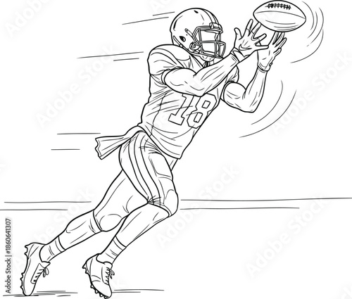 Action shot of a determined American football player leaping to catch a pass during a game