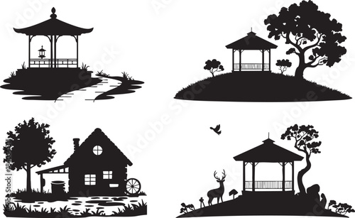 Black silhouettes of gazebos and houses with trees and animals