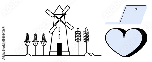Agriculture, sustainability, technology, innovation, rural development, healthy living. Windmill with crops, laptop and heart symbol. Agriculture and sustainability concepts with a modern twist